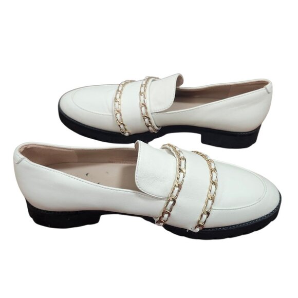 Karl Lagerfeld Paris Womens Loafers 8/38.5B Cream Leather Gold Chain Trim Chunky - Picture 6 of 12